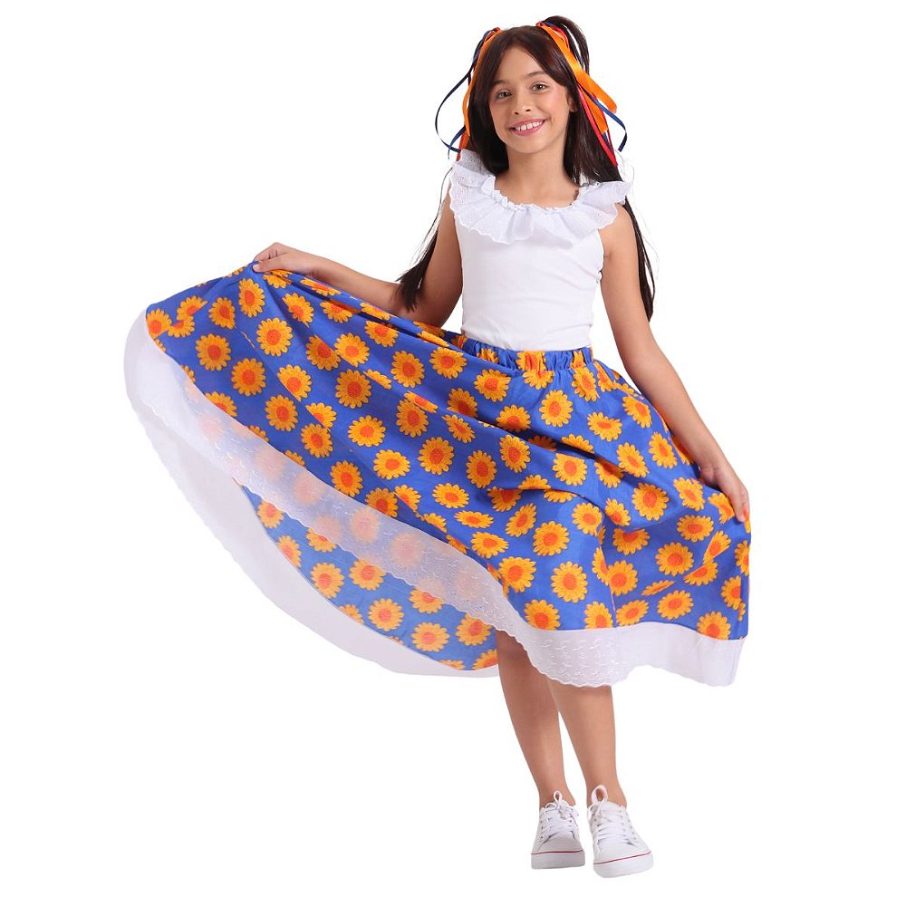 Roupa Carimbó Infantil Menina Floral AZUL BLUSA SAIA Quimera