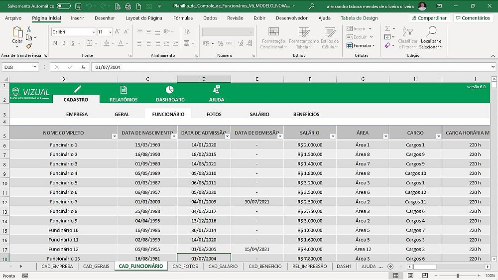 Planilha De Cadastro E Controle De Funcionários Em Excel 60 Vizual Planilhas Empresariais 8787