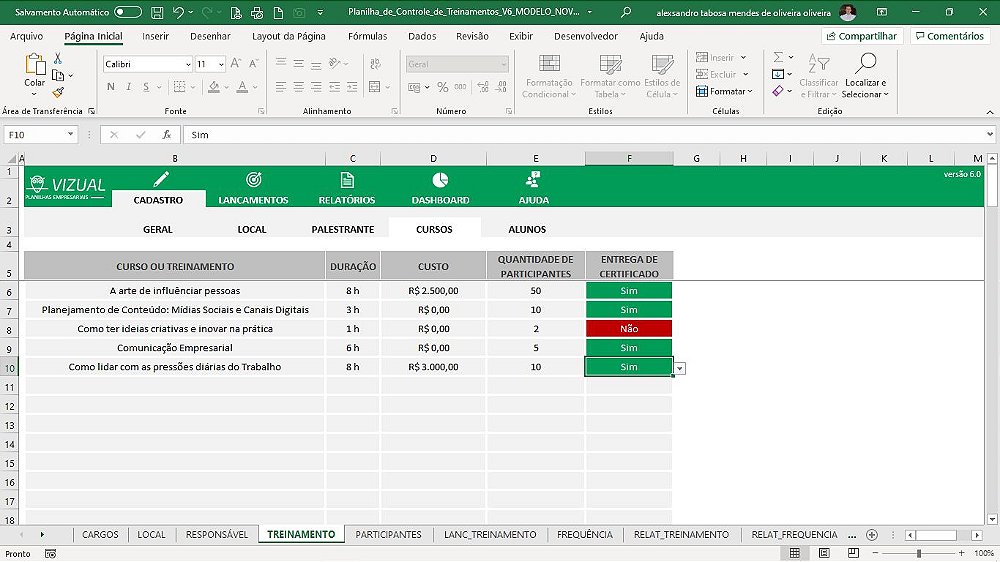 Planilha de Controle de Treinamentos em Excel 6.0 - Vizual Planilhas ...