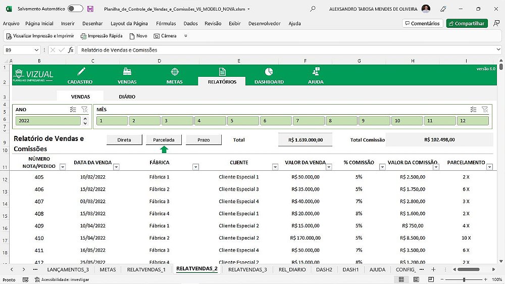 Planilha de Controle de Vendas e Comissões Completa em Excel Vizual Planilhas Empresariais