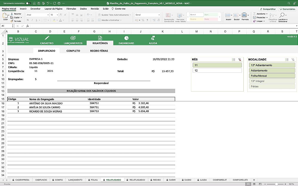 Planilha De Folha De Pagamento Automatizada Em Excel 61 Mac Vizual Planilhas Empresariais 5484