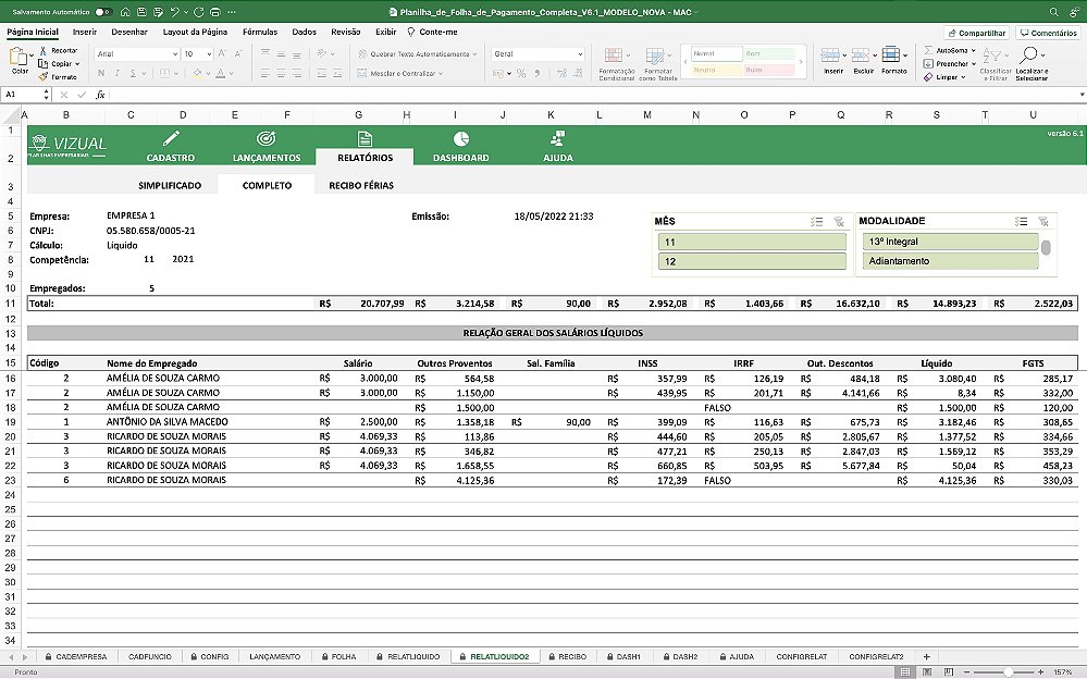 Planilha De Folha De Pagamento Automatizada Em Excel 61 Mac Vizual Planilhas Empresariais 0036