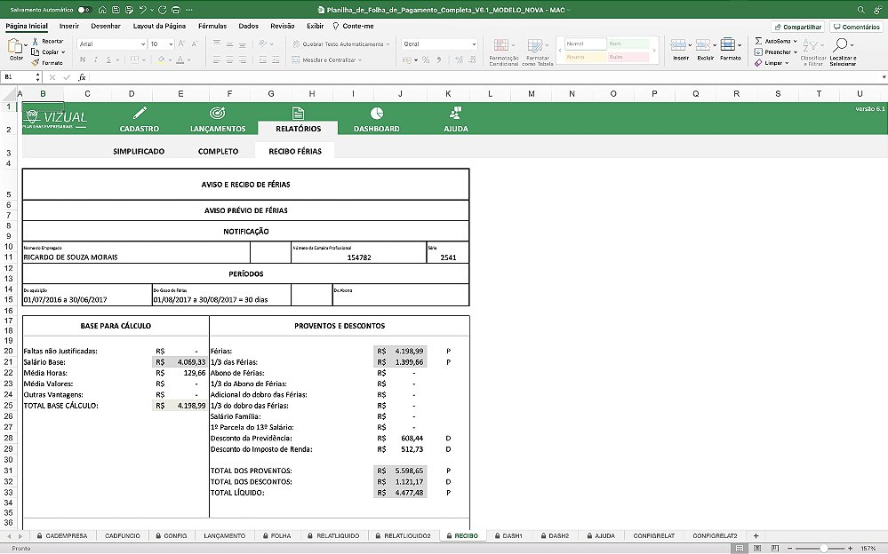 Planilha De Folha De Pagamento Automatizada Em Excel 61 Mac Vizual Planilhas Empresariais 5379