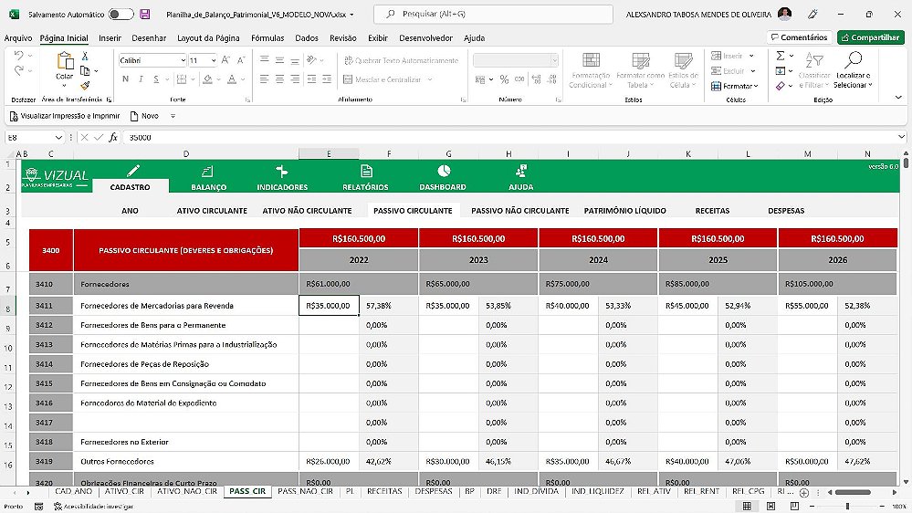 Planilha De Balan O Patrimonial Em Excel Vizual Planilhas Empresariais Planilhas Em