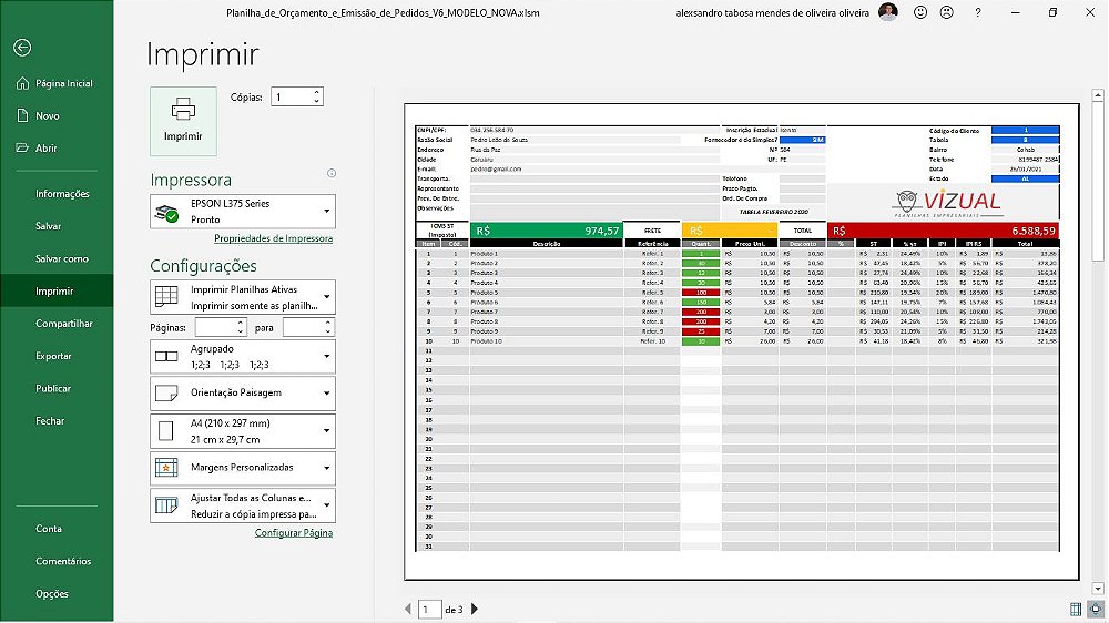 Planilha De Orçamento E Emissão De Pedidos Em Excel 60 Vizual Planilhas Empresariais 1593