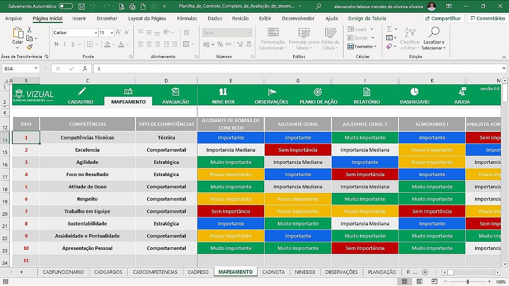 Planilha de Controle Completo de Avaliação de Desempenho em Excel 6 0