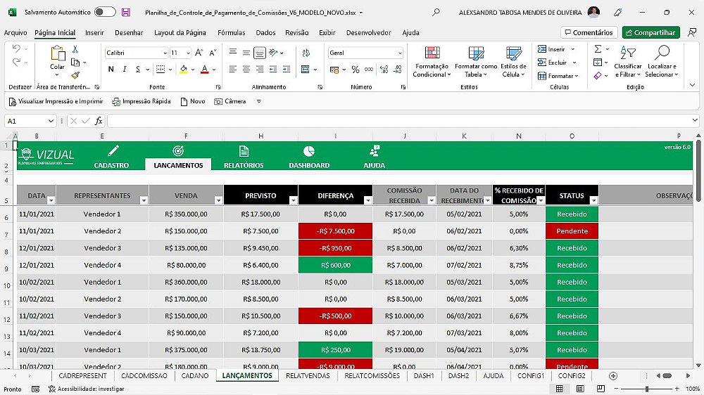 Planilha De Controle De Pagamento De Comiss Es Em Excel Vizual Planilhas Empresariais