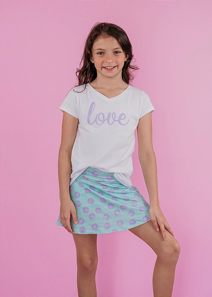 Conjunto Infantil Shorts Saia Verde Água Poá Lilás + Camiseta Decote em V  Branca Love Lilás - LeFruFru