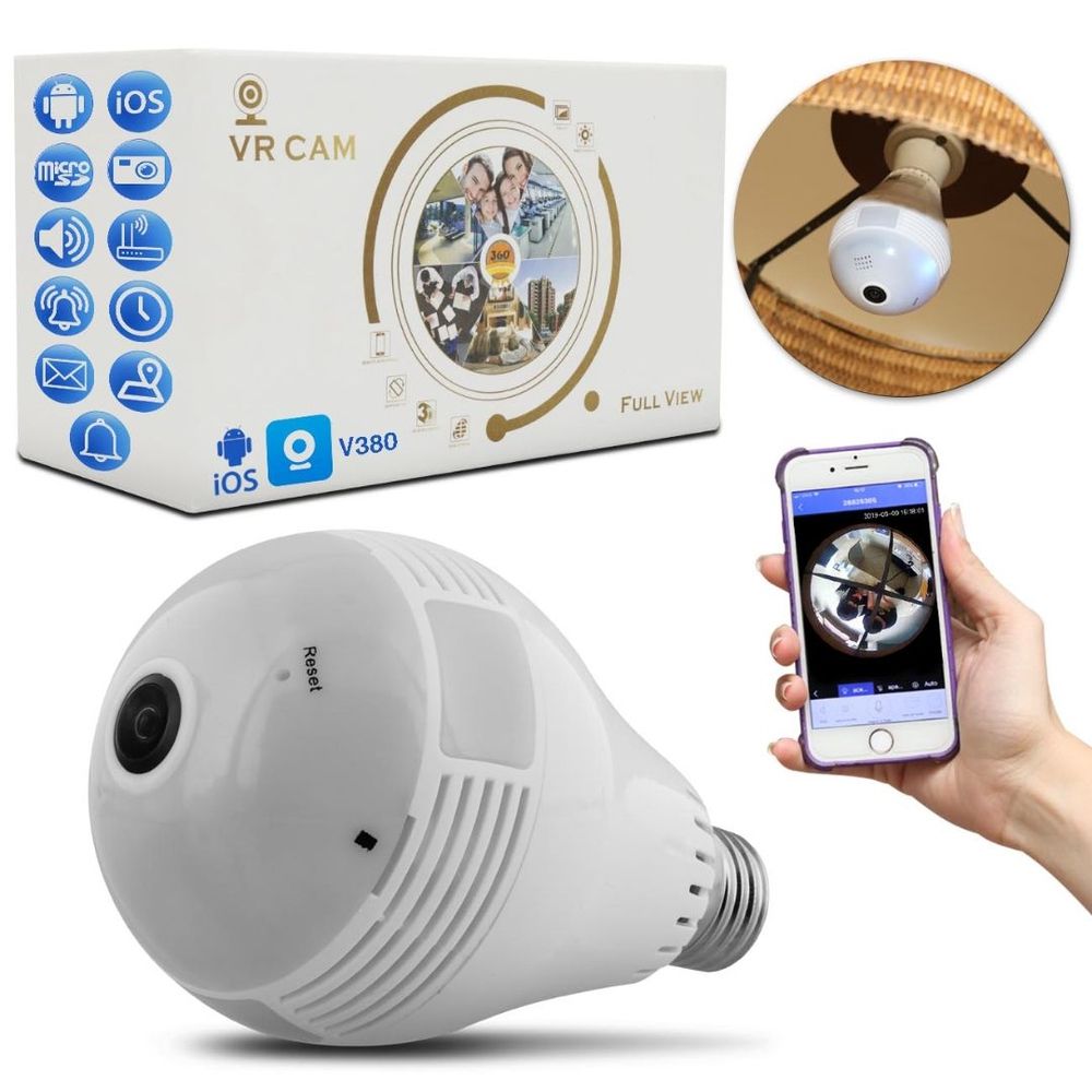 Lâmpada Espiã Câmera Led Wifi Panorâmica 360° Full Hd 1.3mp Microfone  Controle Android Ios Sd Bivolt - Unicoisas