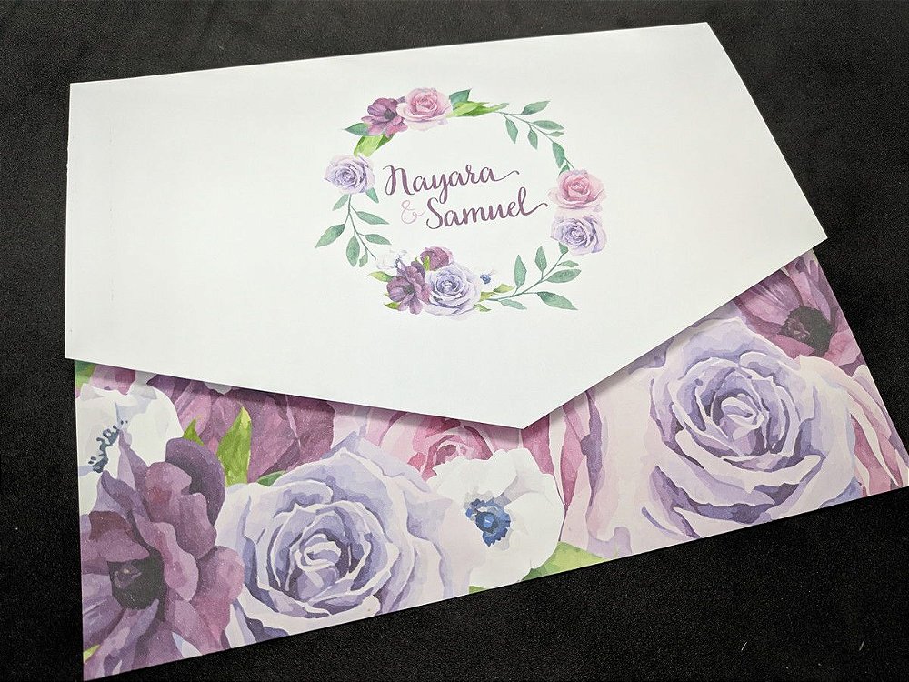 Convite Casamento Flores Tonalidade Lilás Formato Envelope - Bellagi  Convites
