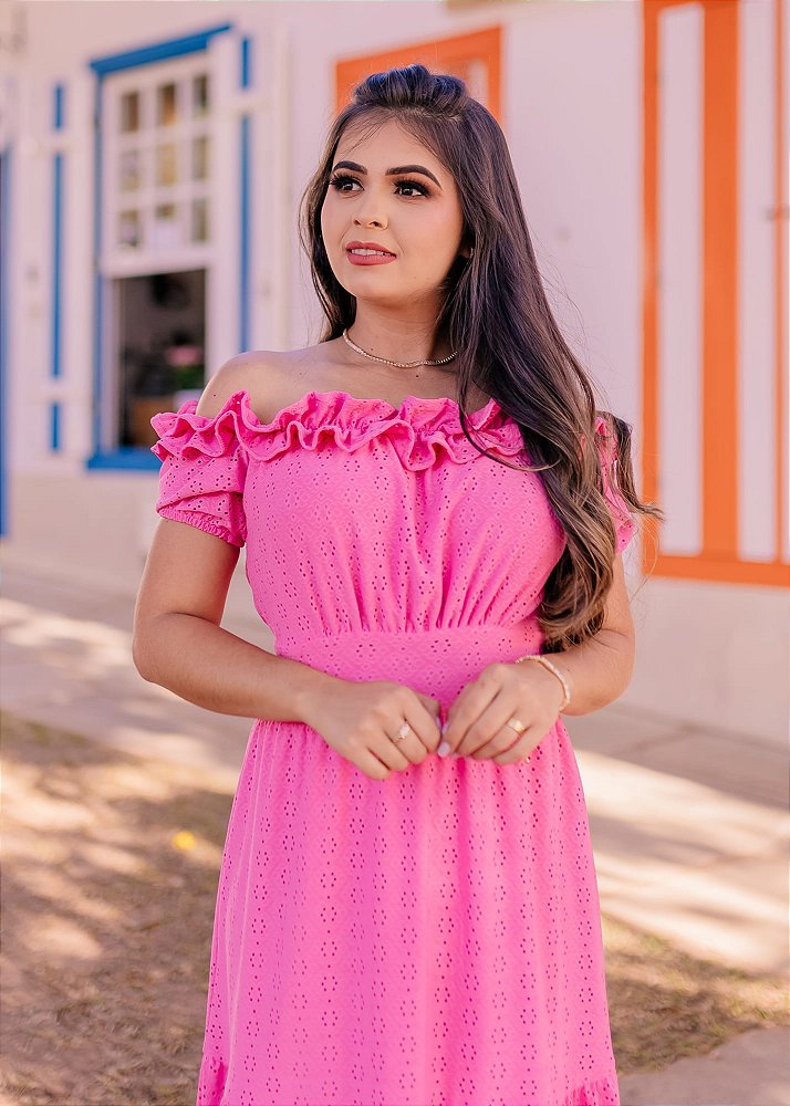 Vestido Midi Evasê Rosa Forrado em Lese Flor de Amêndoa Moda Cristã Moda Evangélica Loja