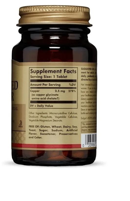 COBRE QUELADO 2,5MG (100 TABS) SOLGAR - Loja de Suplementos Online