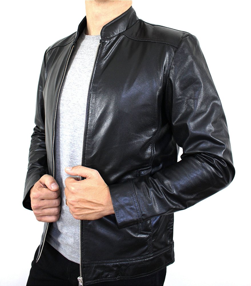 jaqueta preta de couro masculina