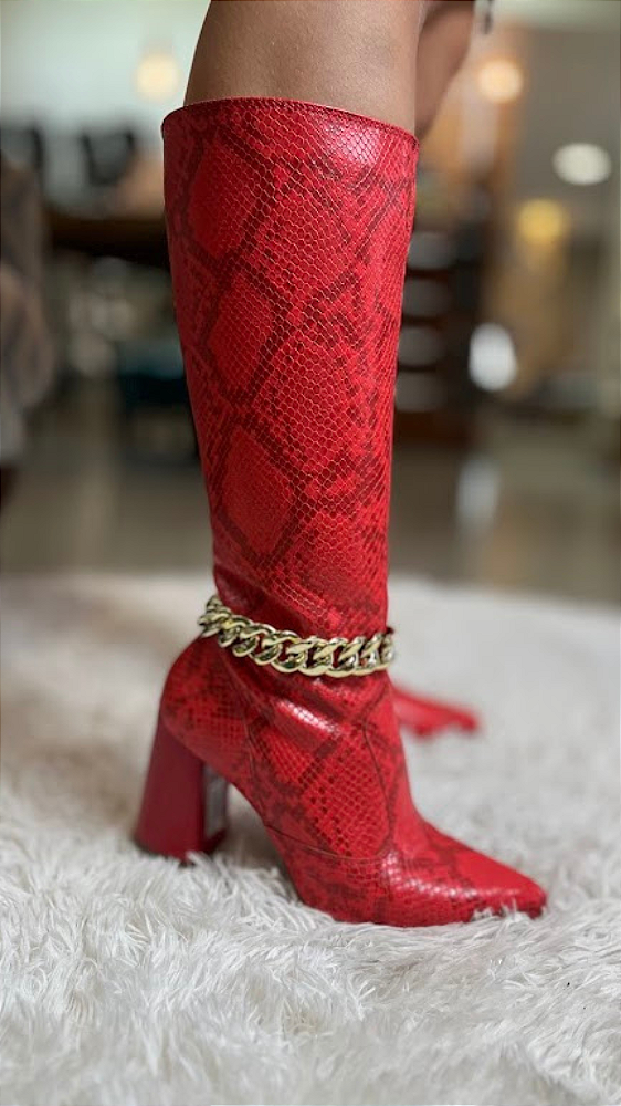 Bota Cano Longo Corrente Reptilia Cereja Pink Bendito Conforto