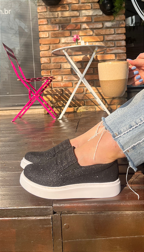 Tênis Slip On Glitter Brilho Preto 8700NP Bendito Conforto