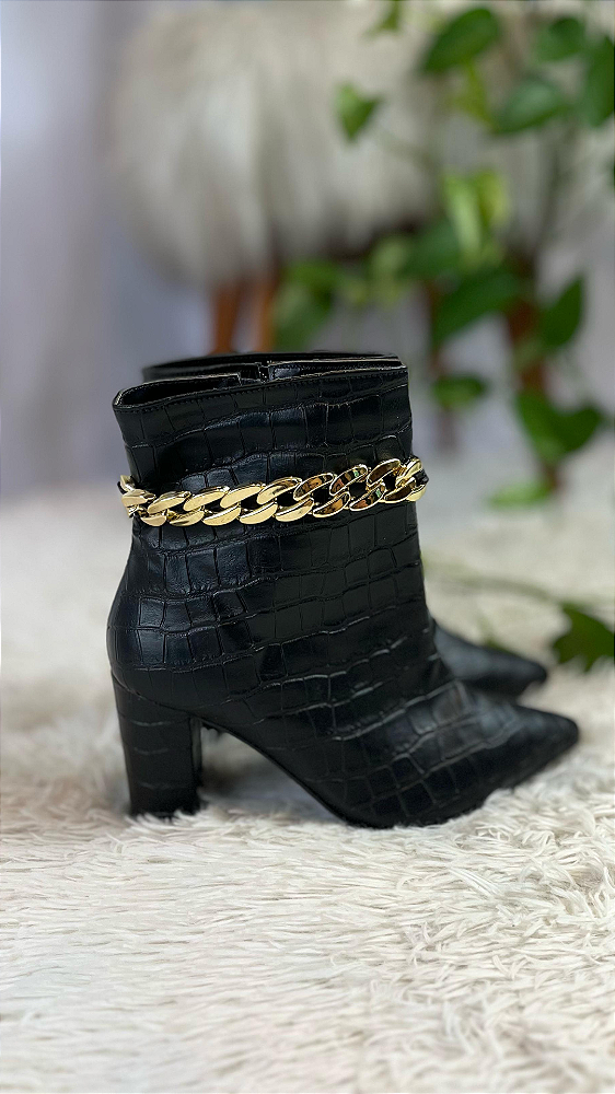 Bota Cano Curto Salto Bloco Croco Napa Preto Bendito Conforto