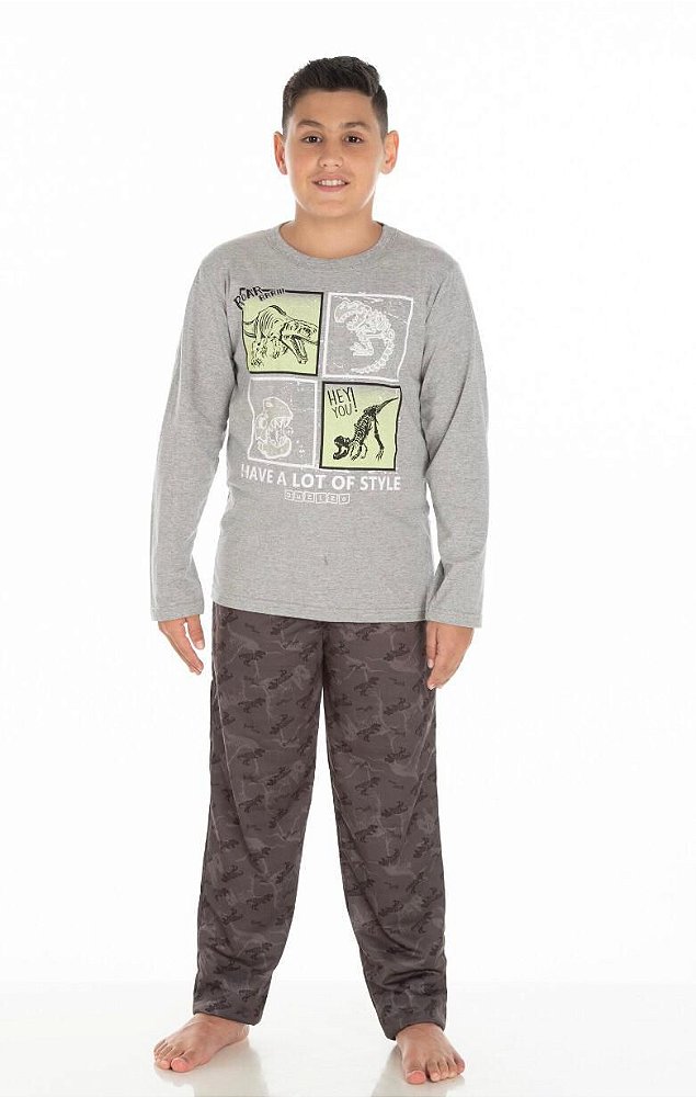 Pijama de Frio Infantil com Camiseta de Manga Longa de Dinossauro da Duzizo  - Tipinhos Moda Infantil e Juvenil