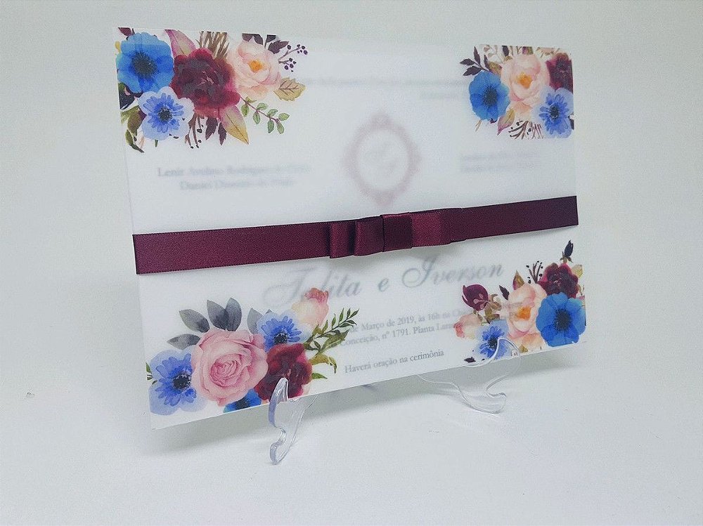 Convite vegetal flores azul e marsala - Atelie da Lola Conviteria -  convites casamento debutante bodas