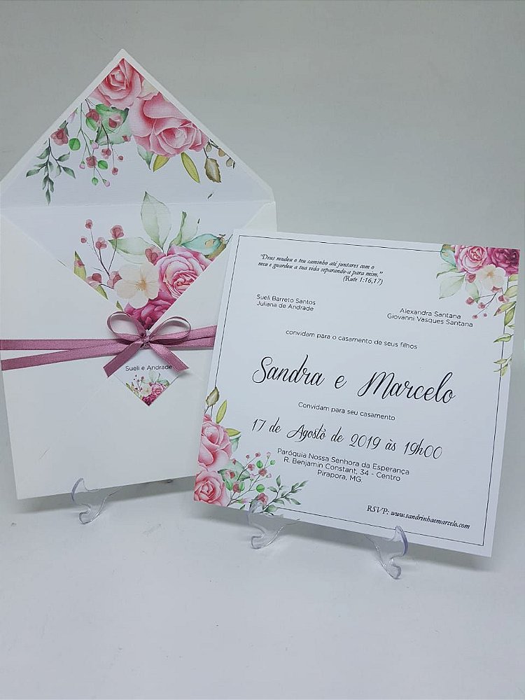 Convite branco flores rosas no forro - Atelie da Lola Conviteria - convites  casamento debutante bodas