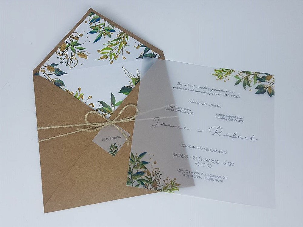Convite de casamento envelope kraft forrado com folhas em papel vegeta -  Atelie da Lola Conviteria - convites casamento debutante bodas