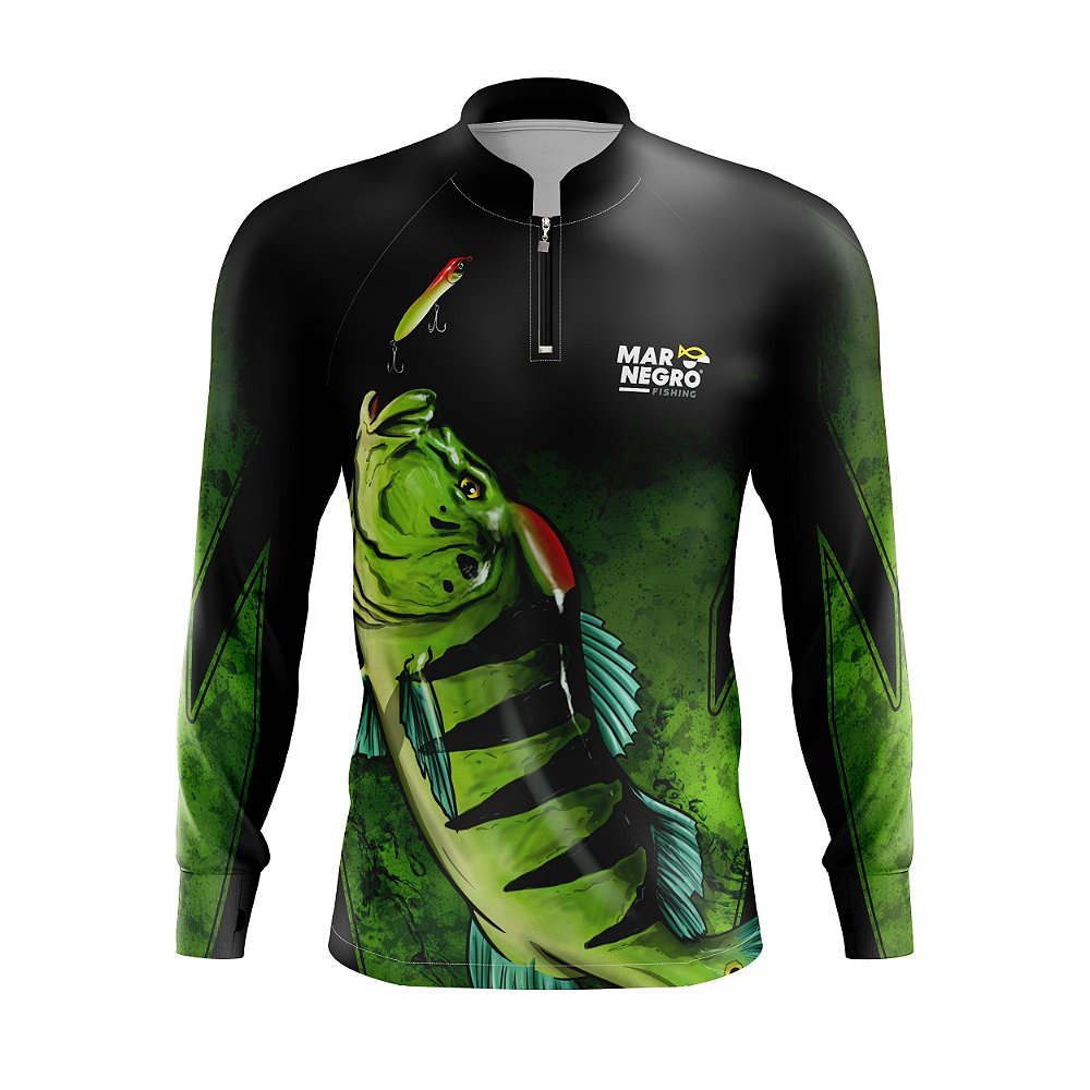 Camiseta para Pesca - Proteção Solar 50+ UV - Tucunaré Verde fundo Preto -  Ameripesca