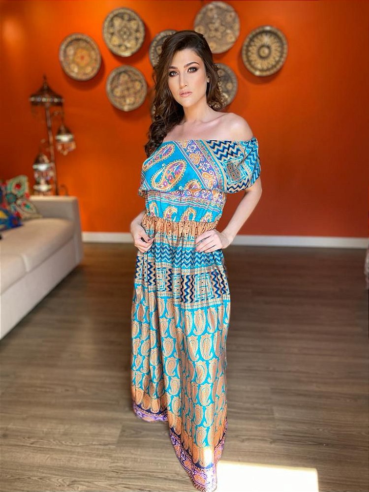 Vestido - Estampado - Paisley - Turquesa e Dourado - M - Marrocos For You |  Decoração e Vestuário - Étnico