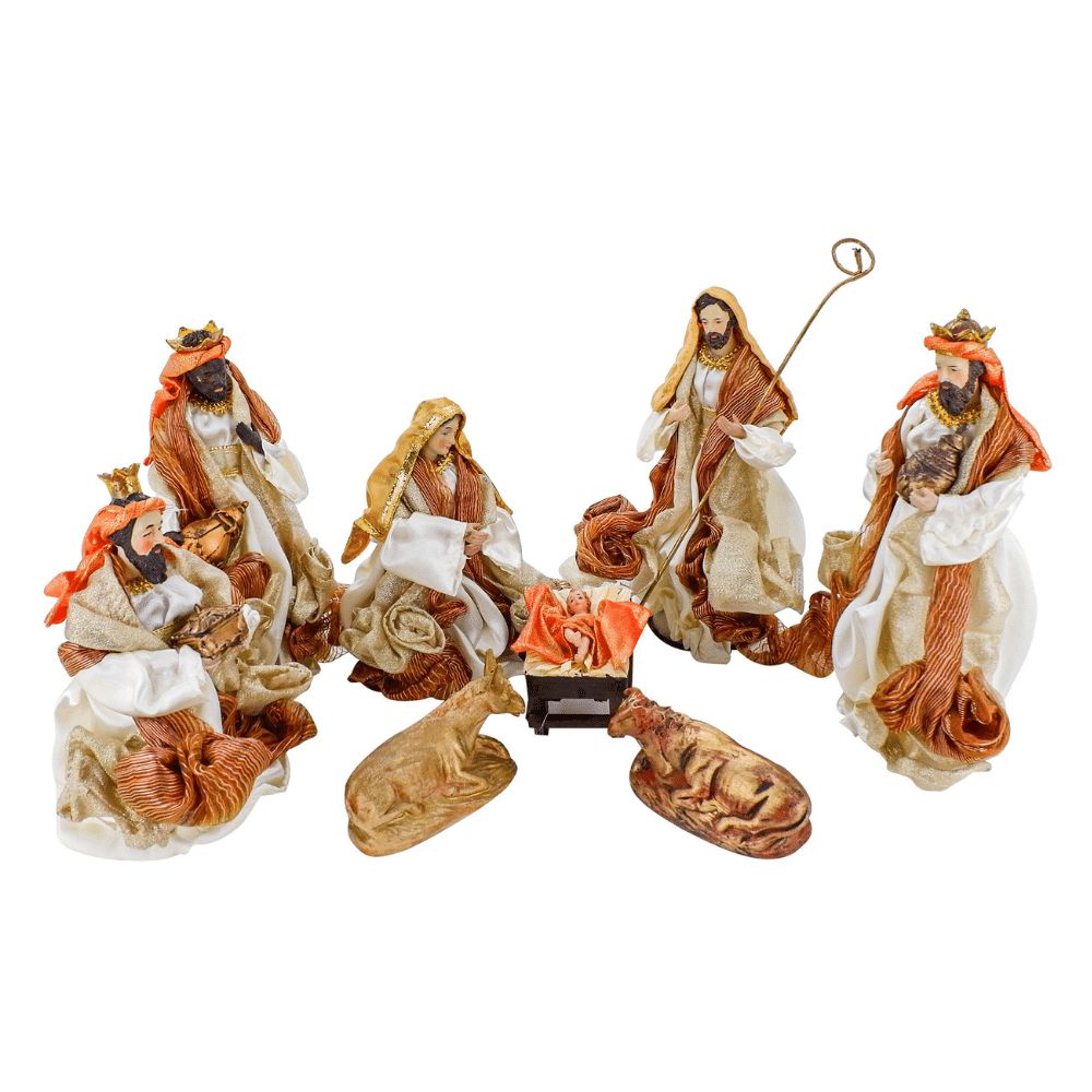 Presepio Natalino 8 Peças Resina Tecido Seda Bege Dourado Natal Decoracao - Venicci Presepio Natalino 8 Peças Resina Tecido Seda Bege Dourado Natal Decoracao - Venicci