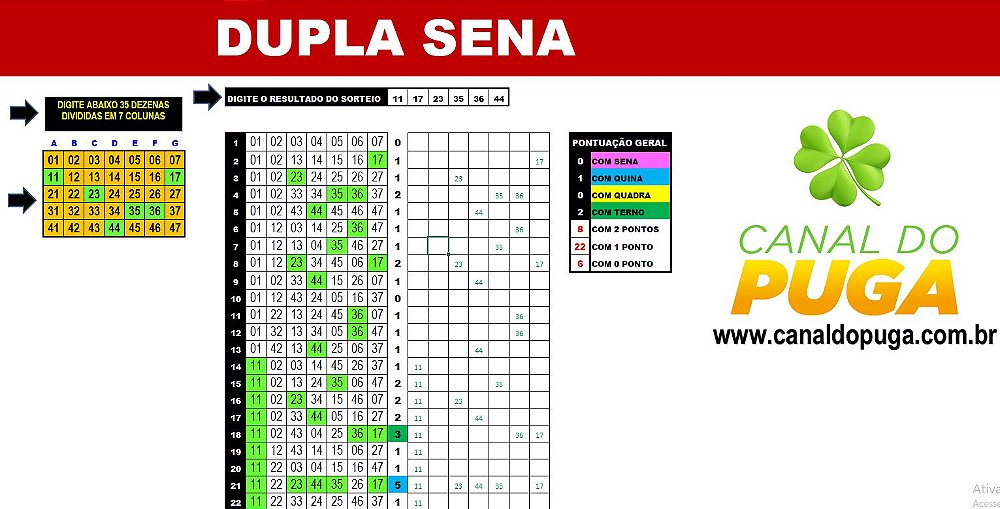 Planilha Dupla Sena - Esquema com 39 Jogos de 7 Numeros - Canal do Puga