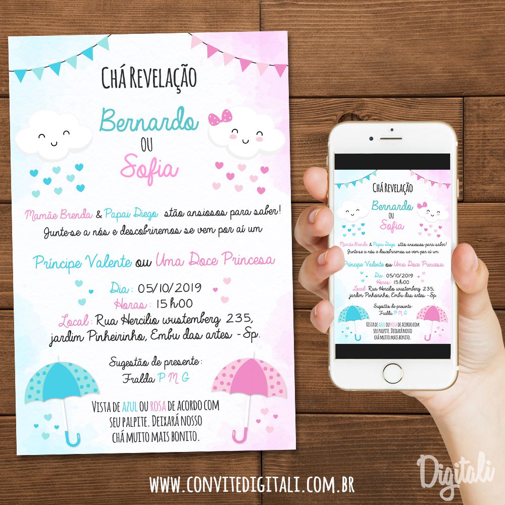 Convite Cha Revelacao Chuva De Amor Arte Digital Digitali Convites E Kits Digitais