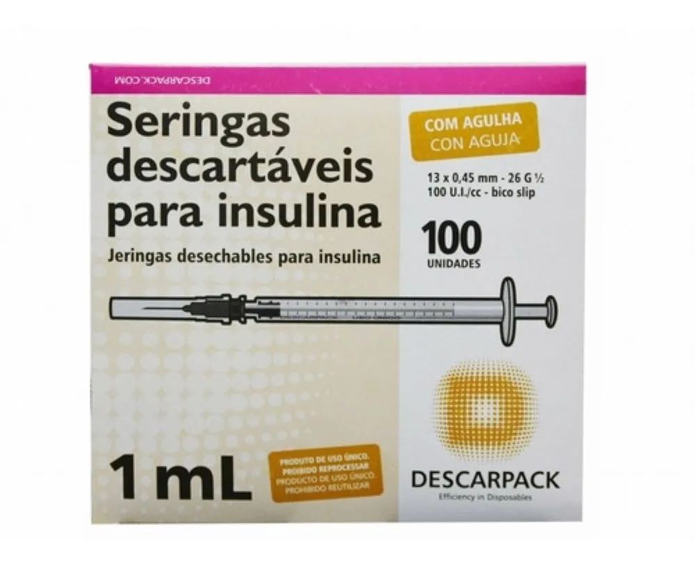 Seringa Insulina 1 Ml Resíduo Zero, Caixa com 100 Unidade - DESCARPACK -  SSMedic