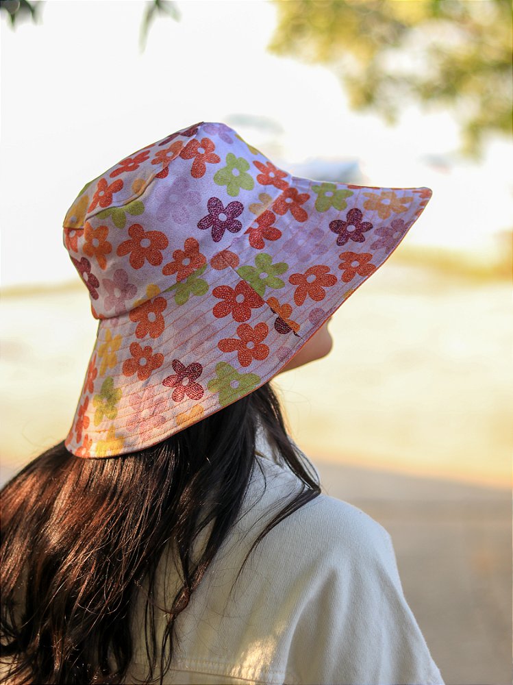 Bucket Hat Dupla Face Laranja e Floral Colorido - G. Offer