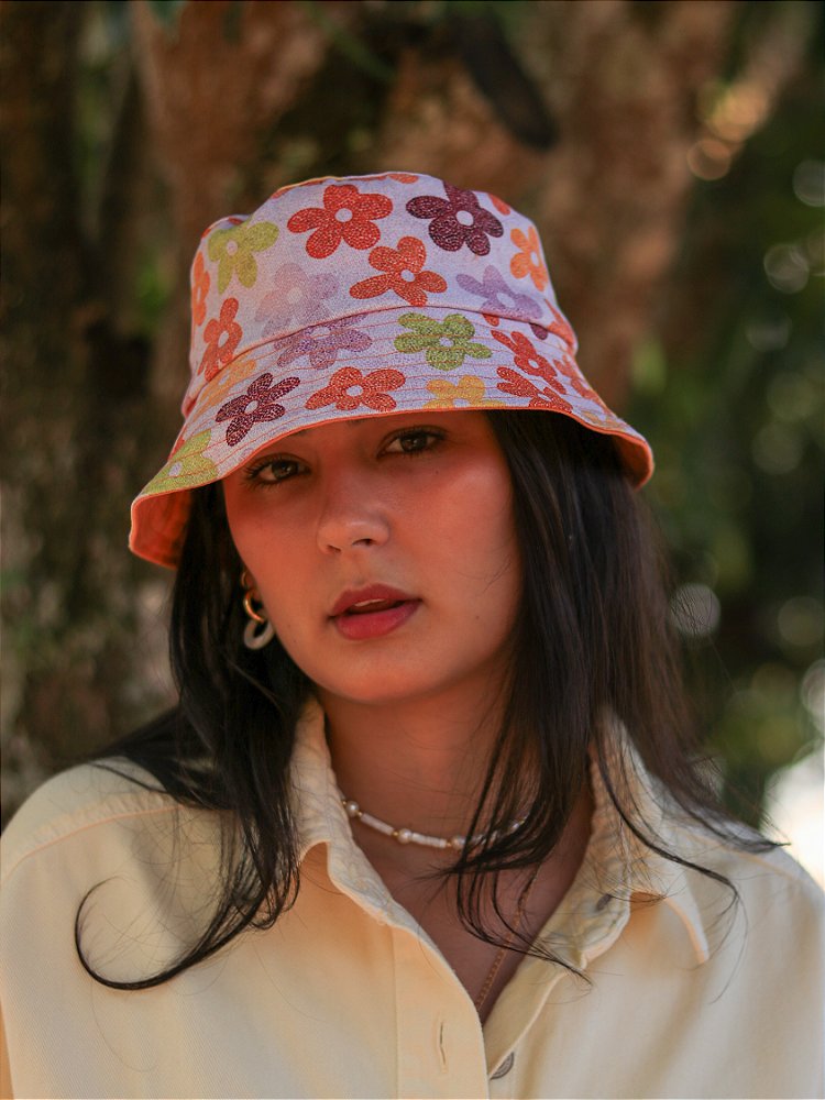 Bucket Hat Dupla Face Laranja e Floral Colorido - G. Offer