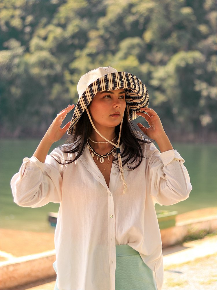 Bucket Hat Dupla Face Listrado Azul com Cordão - G. Offer® Acessórios