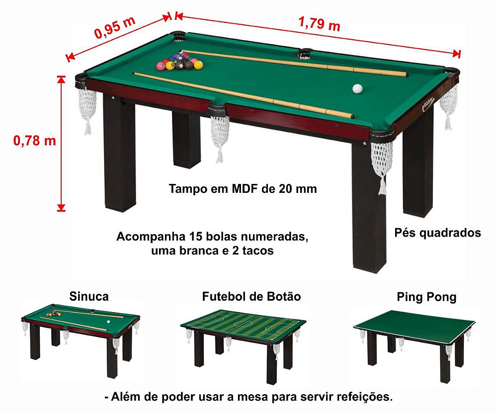 Mesa de Sinuca Residencial Multiúso 4 em 1 Klopf 1036 - Estilo Esportivo