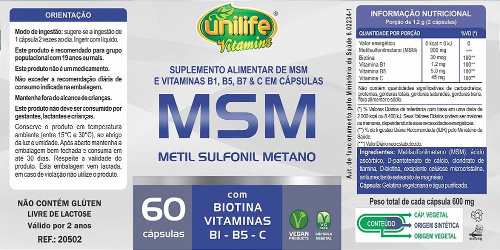 MSM COM BIOTINA E VITAMINAS 60 CÁPSULAS UNILIFE Lilló Cosméticos