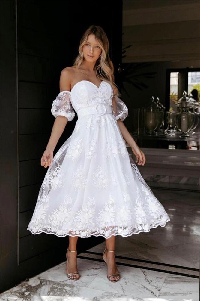 Vestido de noiva longuete em tule bordado, ombro a ombro e cinto - Vestido  de casamento e vestido de festa