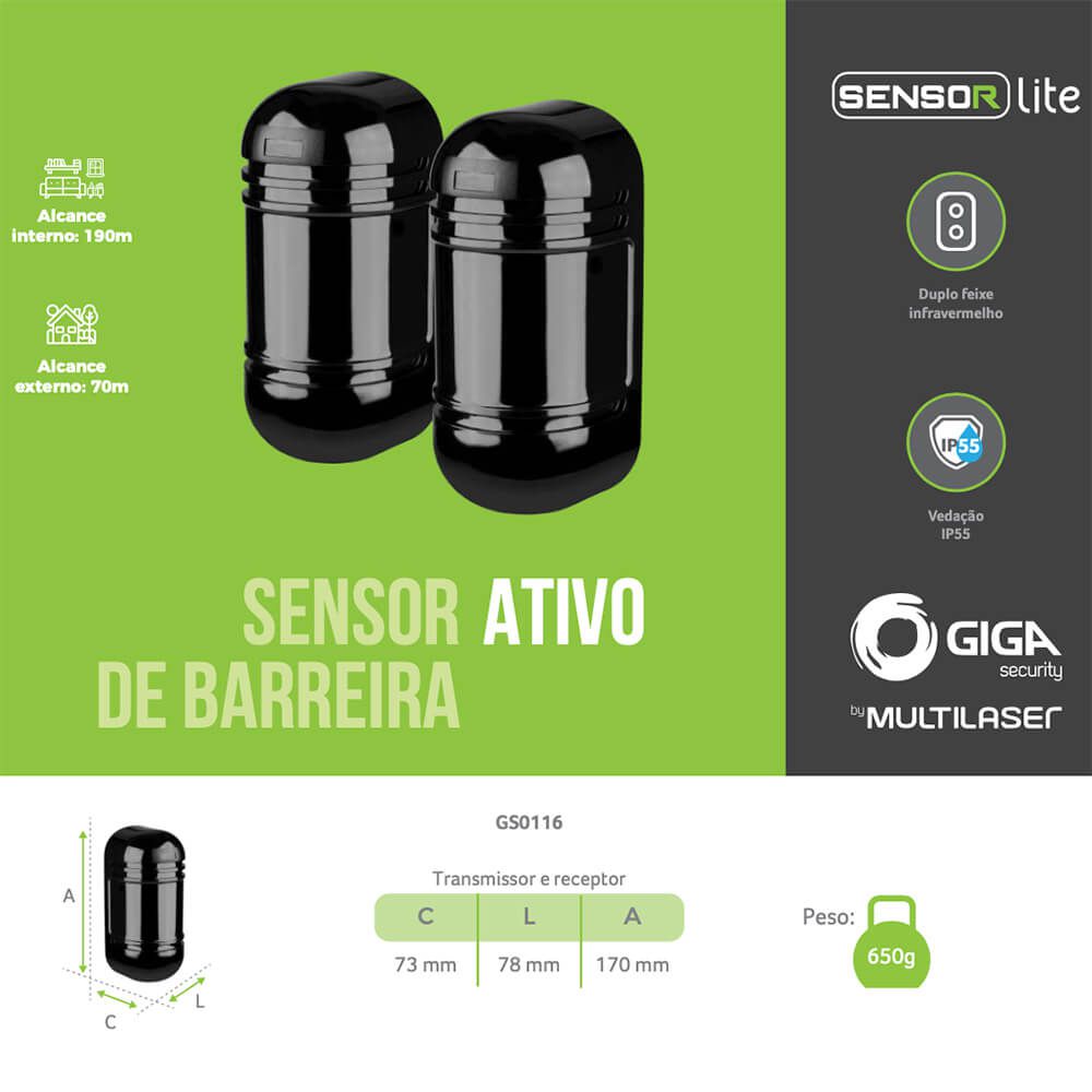 Sensor de Barreira Infravermelho Duplo Giga 70m Externo GS0116