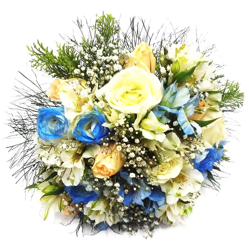 Buquê de Noiva com Rosas Nacionais (Azul, Champanhe, Branca e Folhagem) -  Florexótica