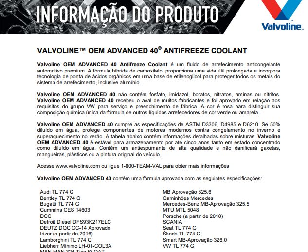 Valvoline OEM ADVANCED 40 50/50 Pronto Uso 1 lt AUDI Mercedes Benz V