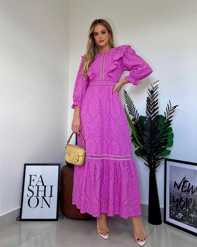 Vestido Midi Em Laise Rosa Com Detalhes Em Renda - Albuquerque Boutique - Moda  Feminina.