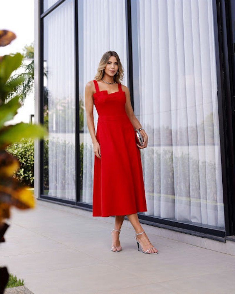 Vestido Vermelho Midi Linho Decote Assimétrico Nuxx Albuquerque