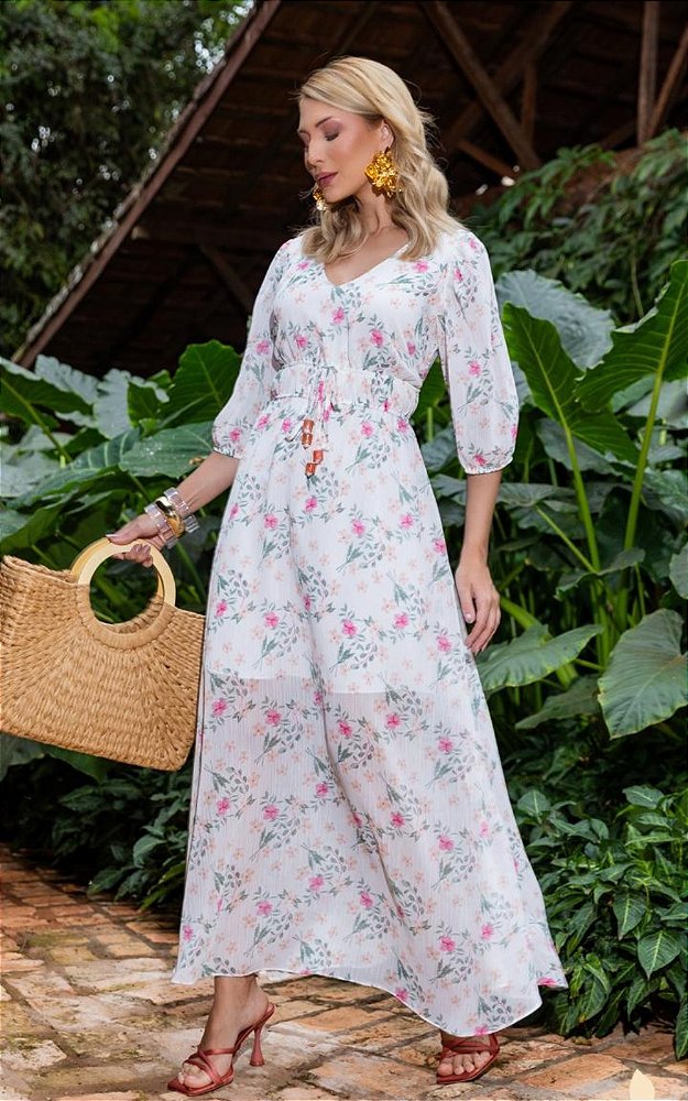 Vestido Em Chiffon Estampa Floral Decote V Albuquerque Boutique