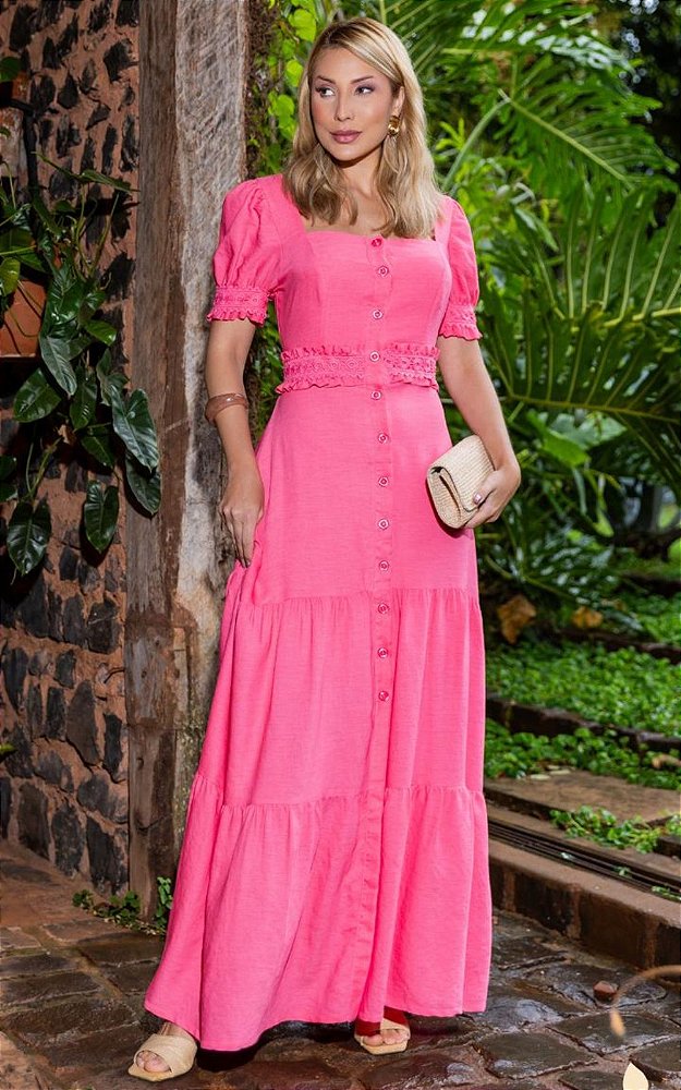 Vestido Midi Viscose Decote Quadrado Manga Princesa Albuquerque