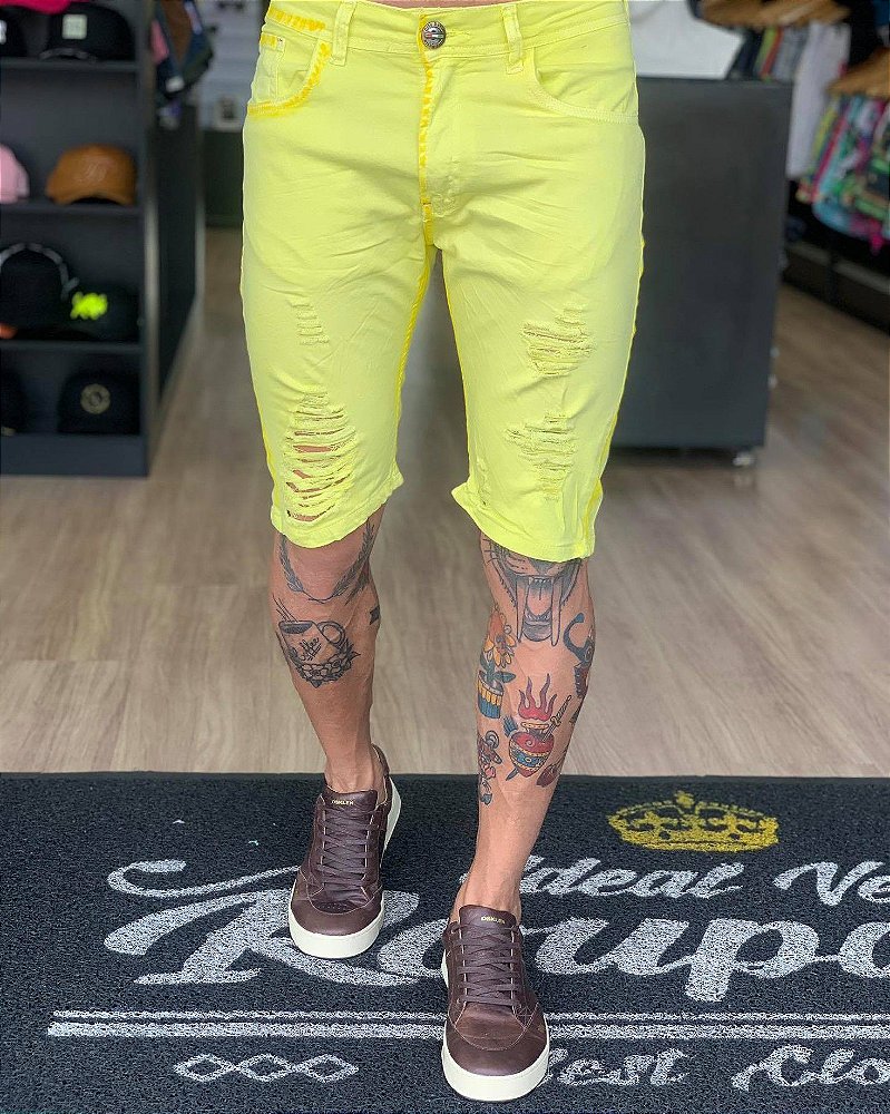 bermuda jeans amarela masculina