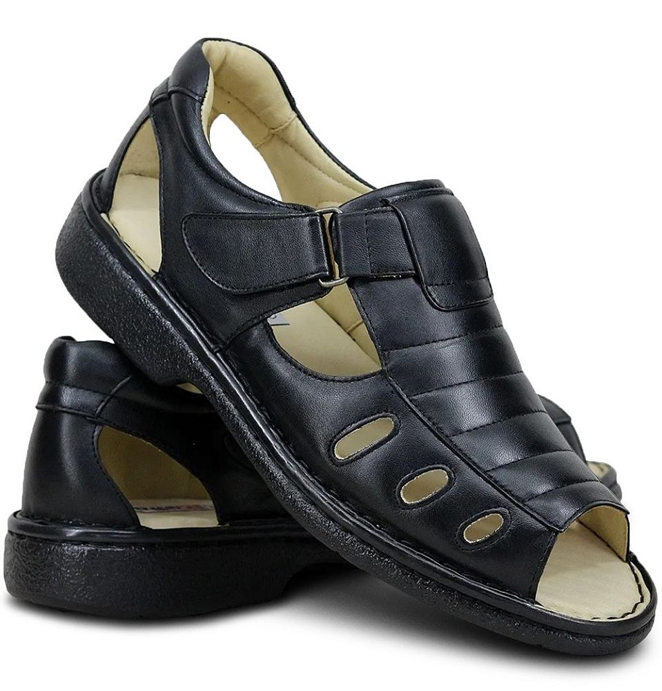 Sandália Masculina Conforto Malbork em Couro Preto 465 - FKV Calçados