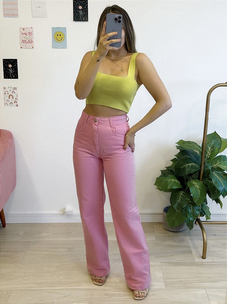 calça jeans wide leg khloe rosa - SHOPLOOKLIKE