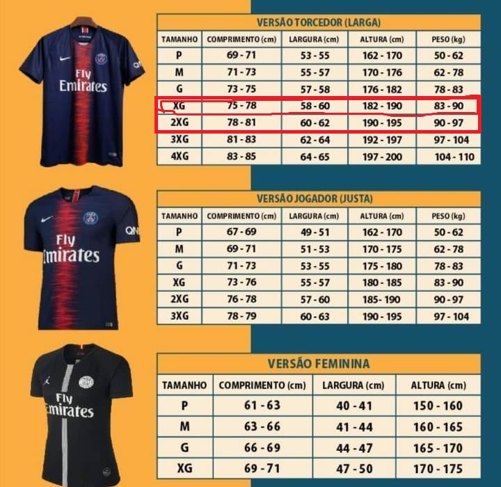 tamanho de camisa de time