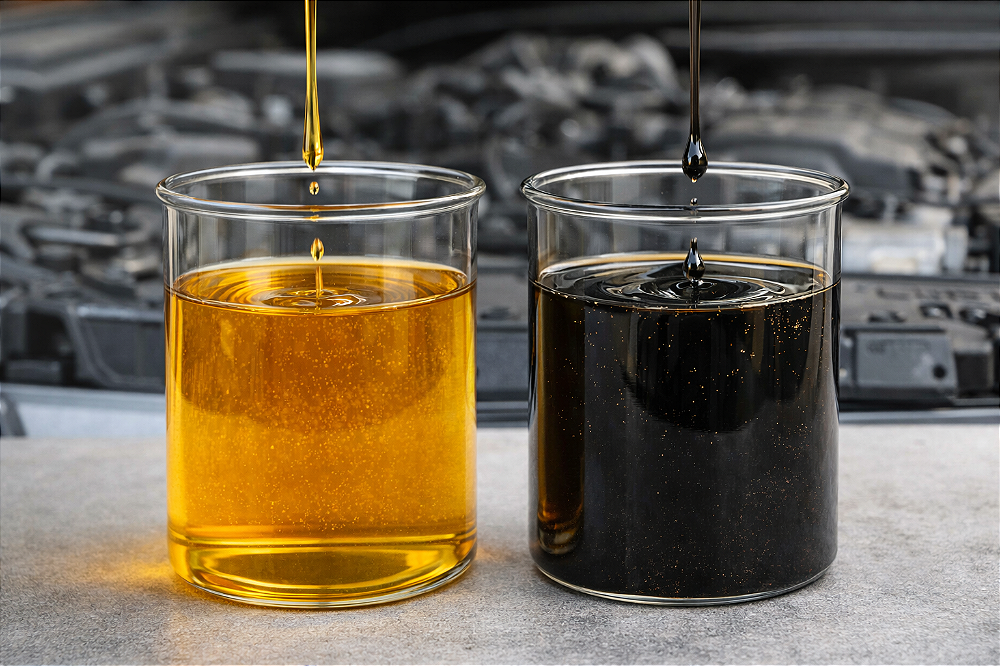 comparação entre óleo de motor limpo e óleo degradado
