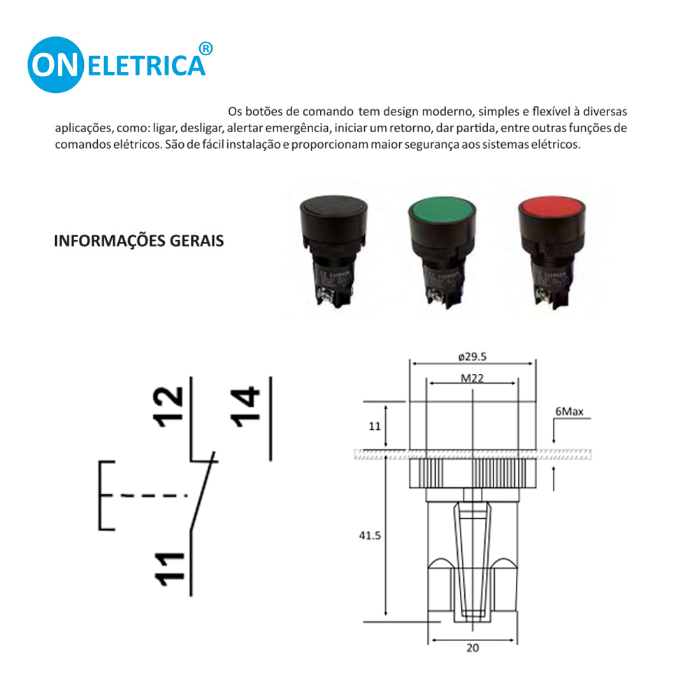 Botão Vermelho Monobloco Pulsante 22mm 1 Contato NA NF Reversível - ON ...