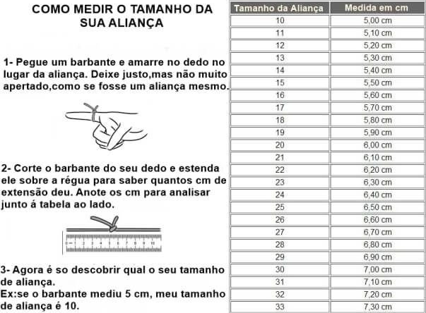 Tabela para encontrar o tamanho da sua aliança.